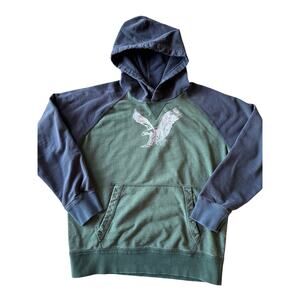 Y2K American Eagle Outfitters Athletic Fit Raglan Green Navy Eagle Logo L Hoodie